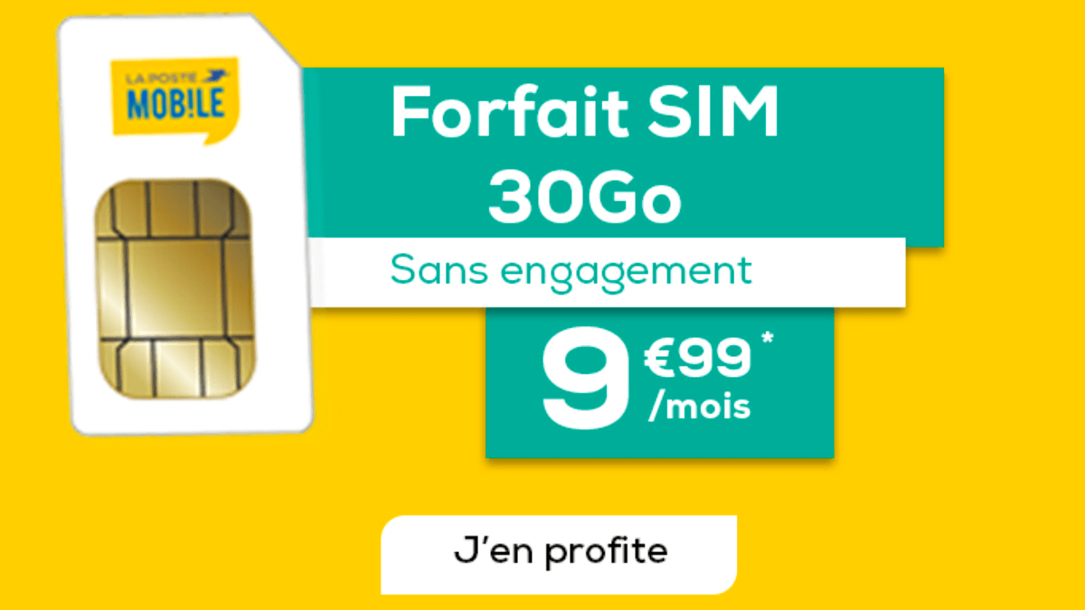 Forfait SIM La Poste Mobile : 9,99€ par mois sans engagement.