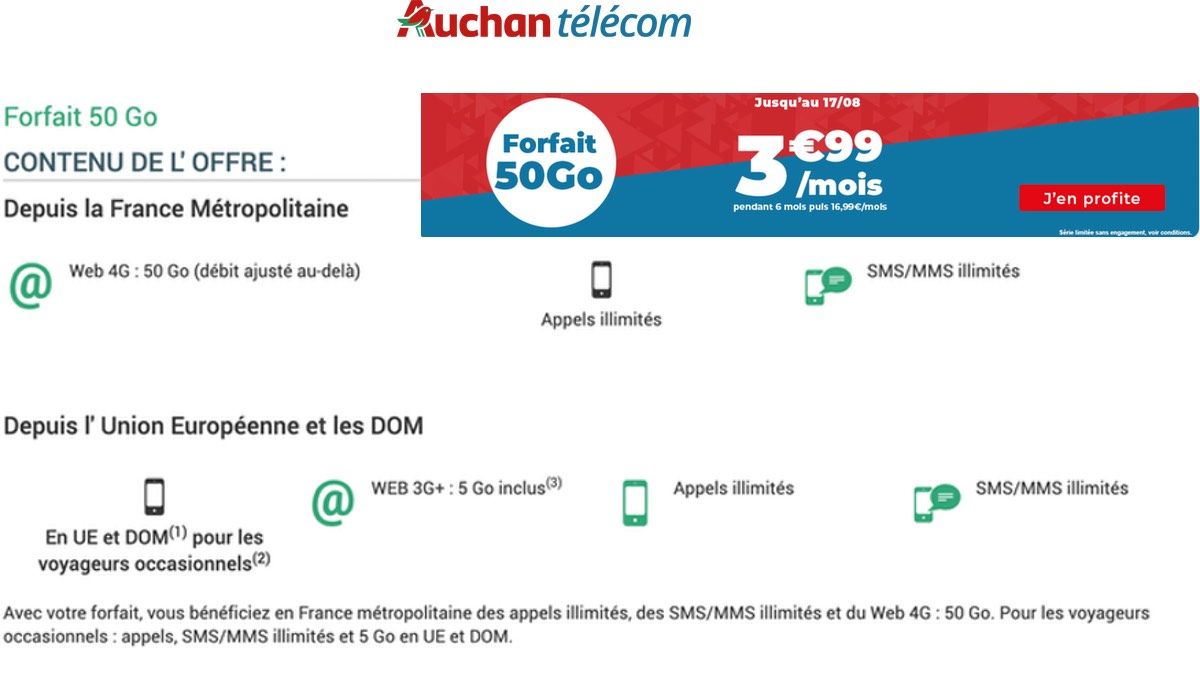 Le forfait 4G Auchan Telecom démarre à 3,99€ par mois.