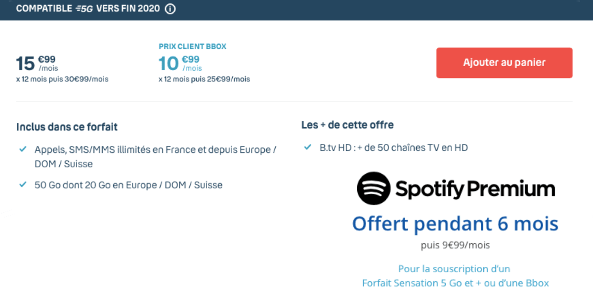 Le forfait mobile Sensation 50 Go et 6 mois offert sur Spotify. 