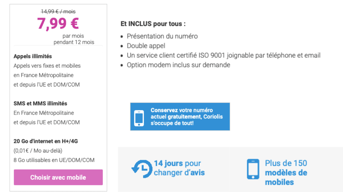 Forfait mobile 20 Go pour 7,99€/mois avec Coriolis Telecom.