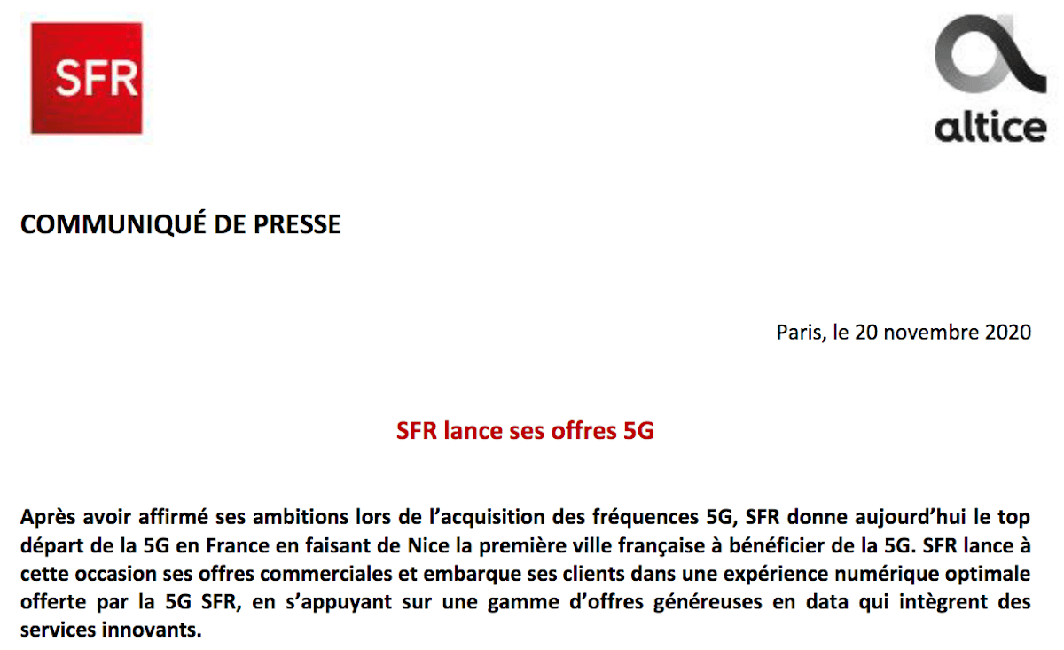Communique SFR Altice Nice 5G