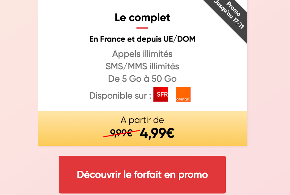 Forfait illimité Prixtel Le Complet promo 4,99€