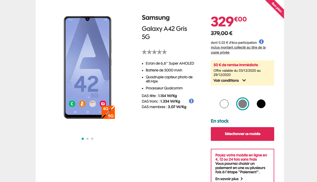 Samsung Galaxy A42 chez Sosh
