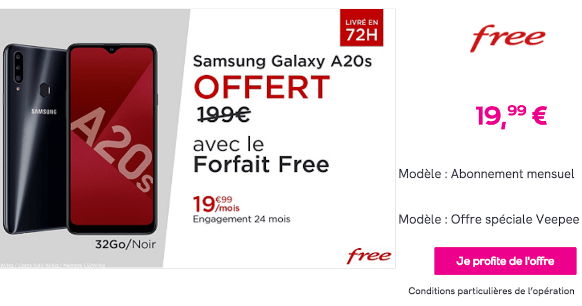 Vente privée Veepee Forfait Free Mobile Samsung Galaxy A20s offert