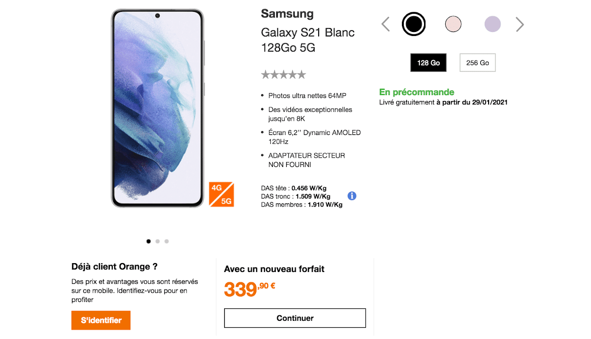 Samsung Galaxy S21 5G Orange forfait 100 Go