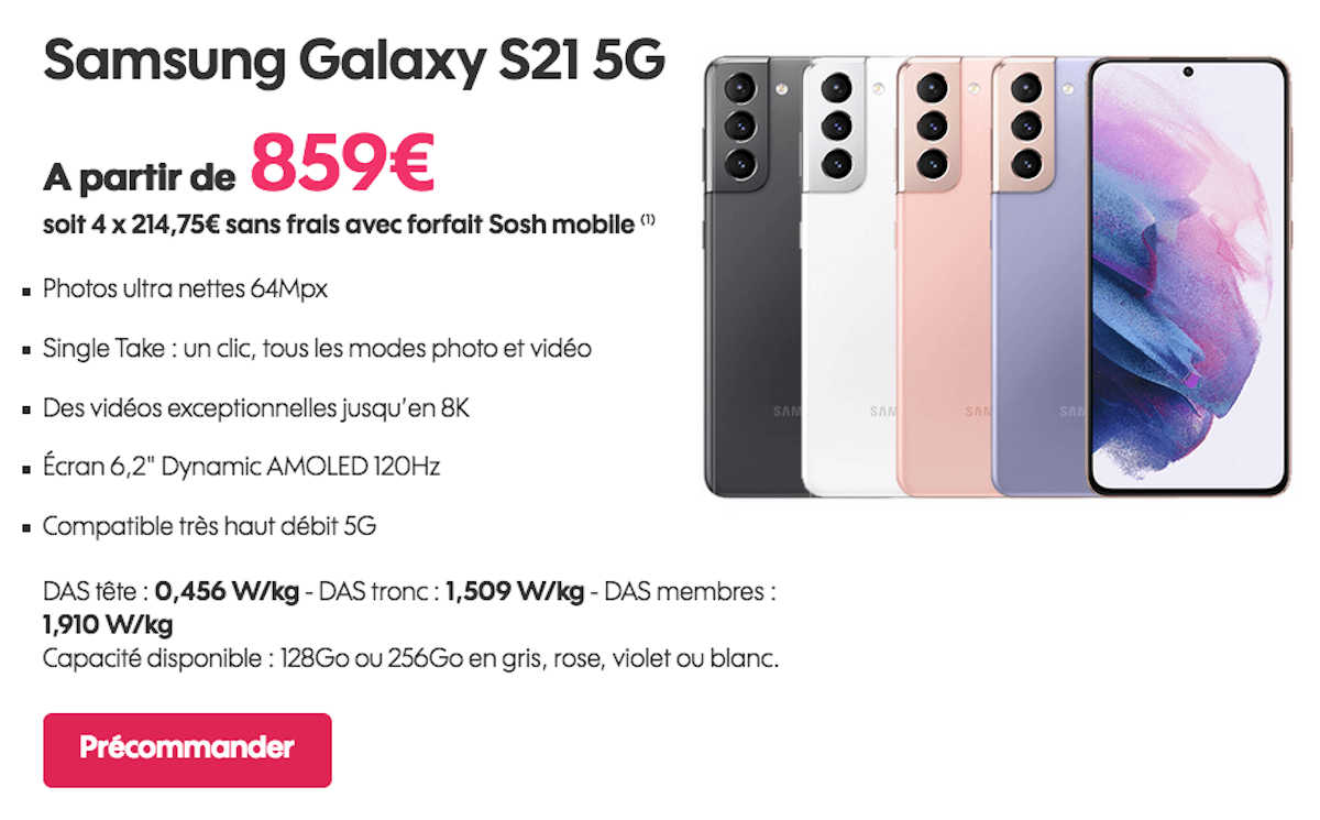 Samsung Galaxy S21 5G Sosh + forfait sans engagement