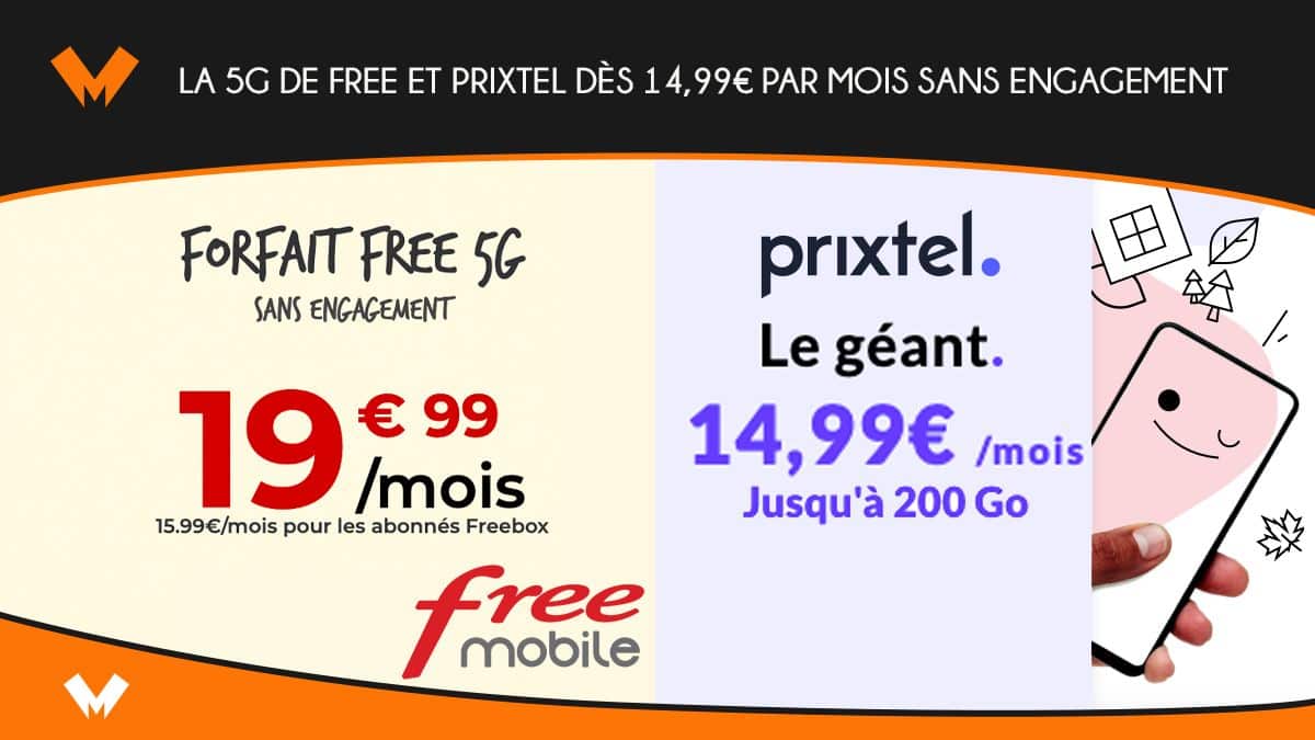Forfaits 5G de Free et Prixtel promos