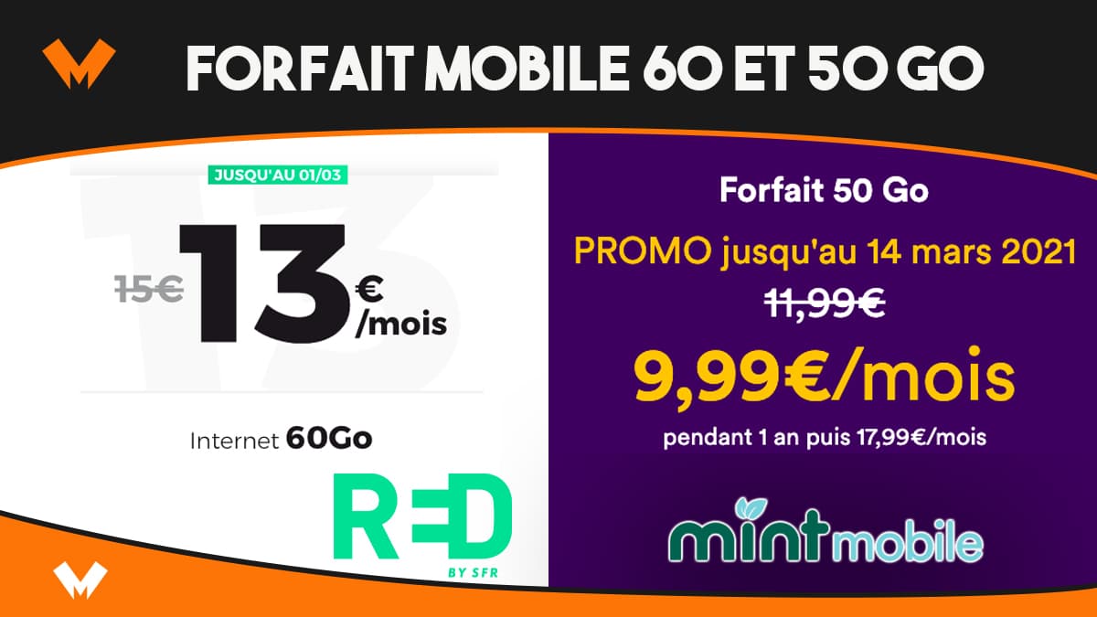 forfait mobile 50 et 60 go red by sfr et mint mobile