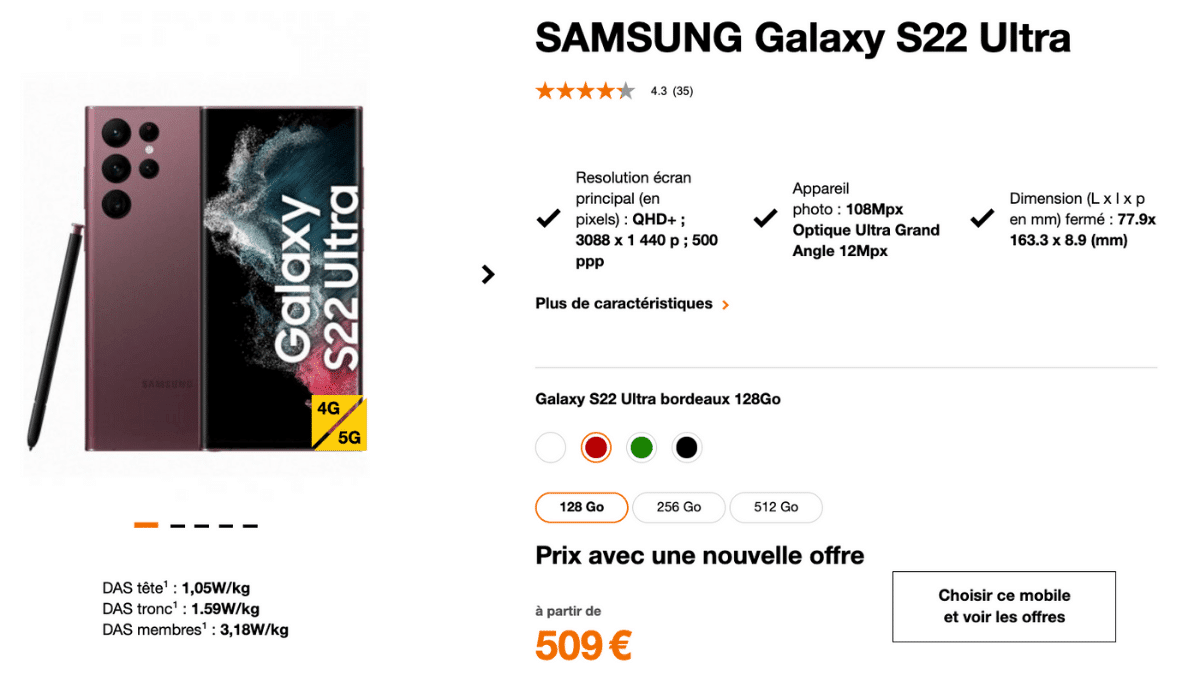 Promo sur le Samsung Galaxy S22 Ultra chez Orange