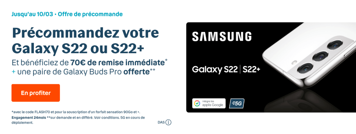 Bouygues Telecom participe à la fête : le Samsung Galaxy S22 est à 179€