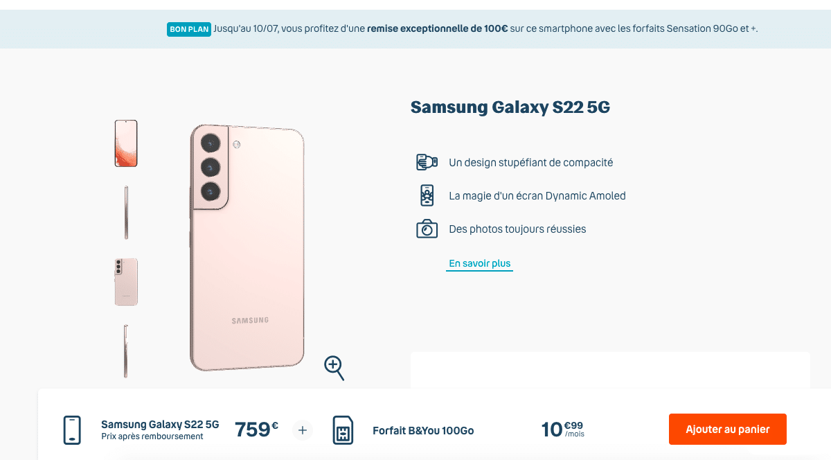 Le Samsung Galaxy S22 en promo avec B&You