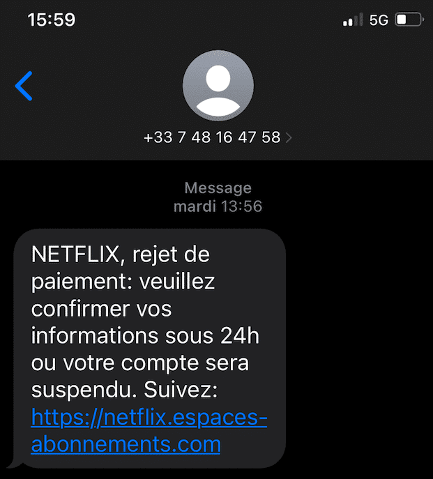 Exemple SMS arnaque Netflix