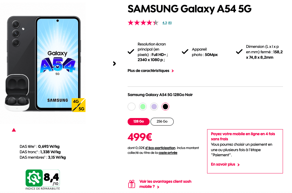 Samsung Galaxy A54 pas cher avec Sosh
