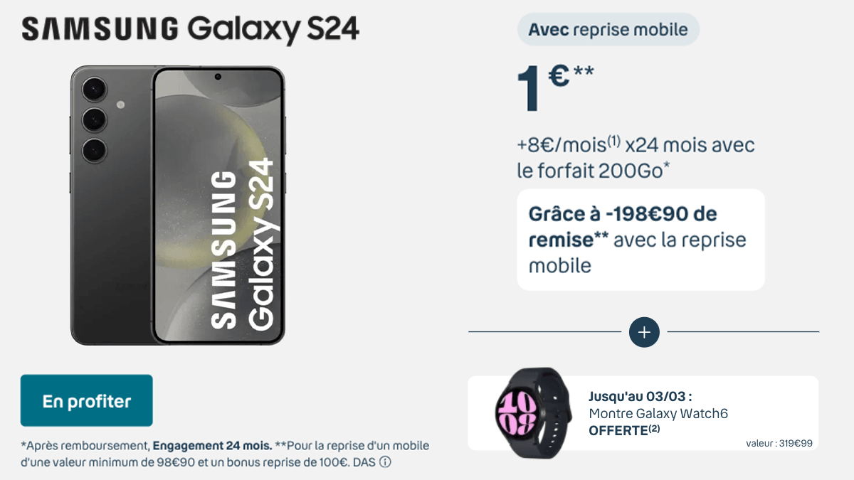Galaxy S24 en promo avec Galaxy Watch6 offerte Bouygues